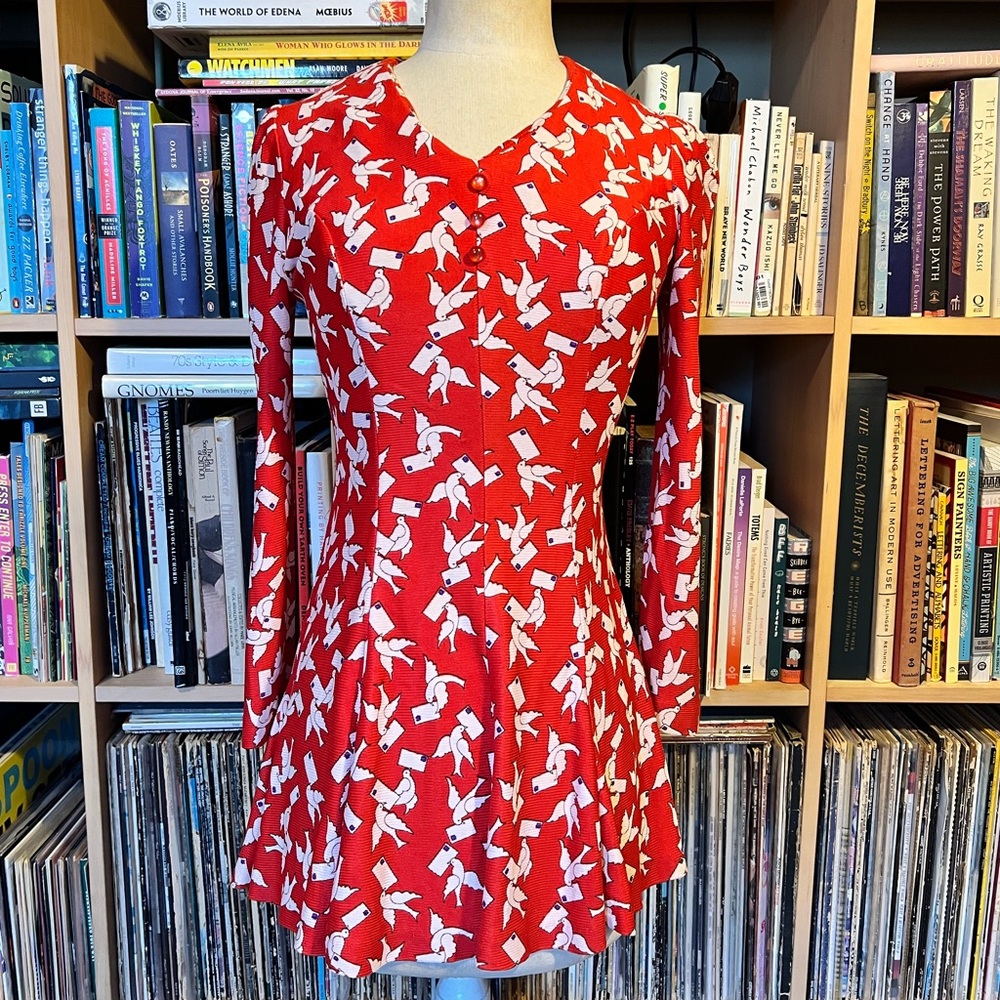 70s lovebirds dove novelty print micro mini skater dress romantic tunic